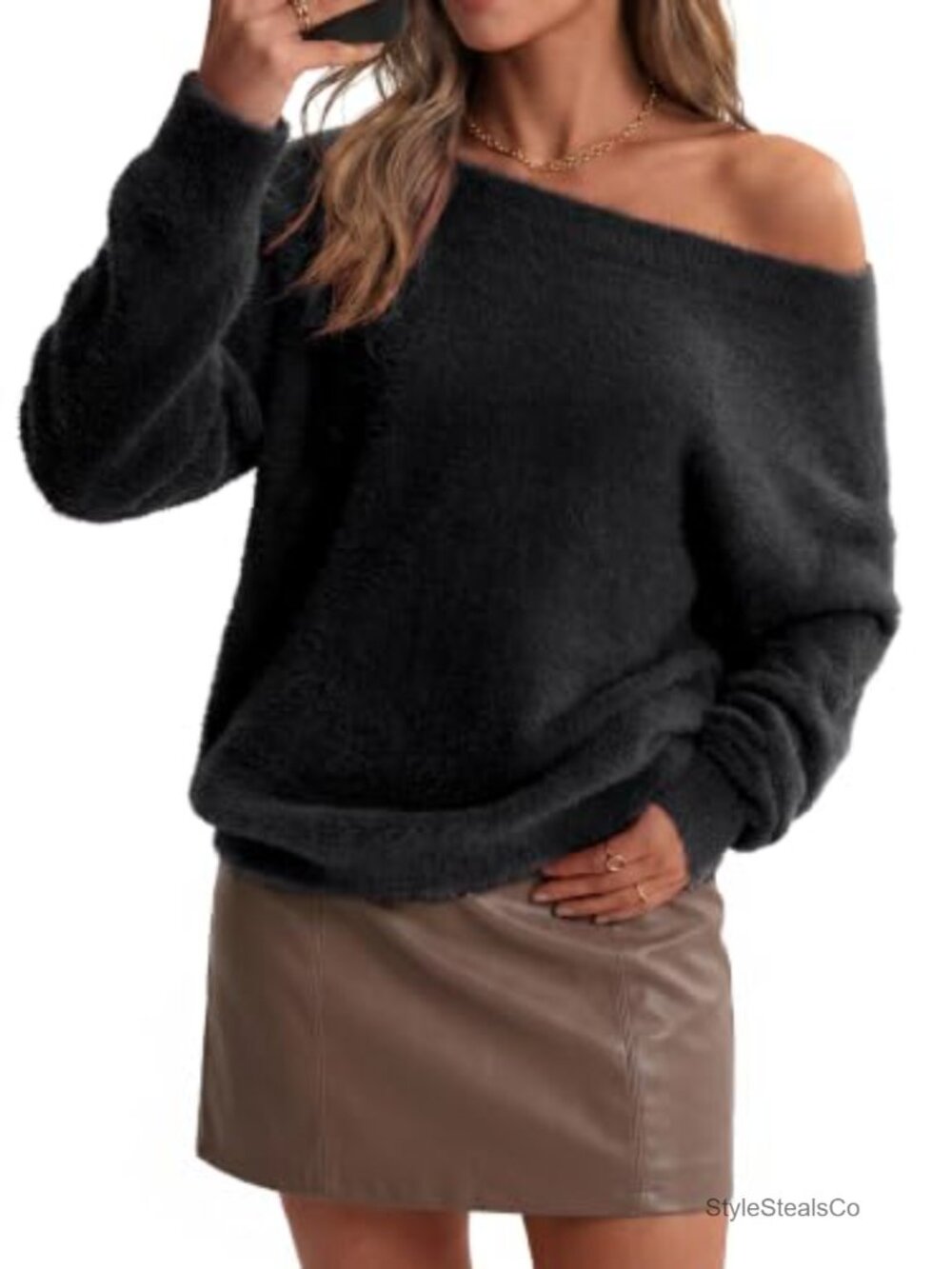 Faux Fur Off Shoulder Fuzzy Long Sleeve Pullover Sweater
